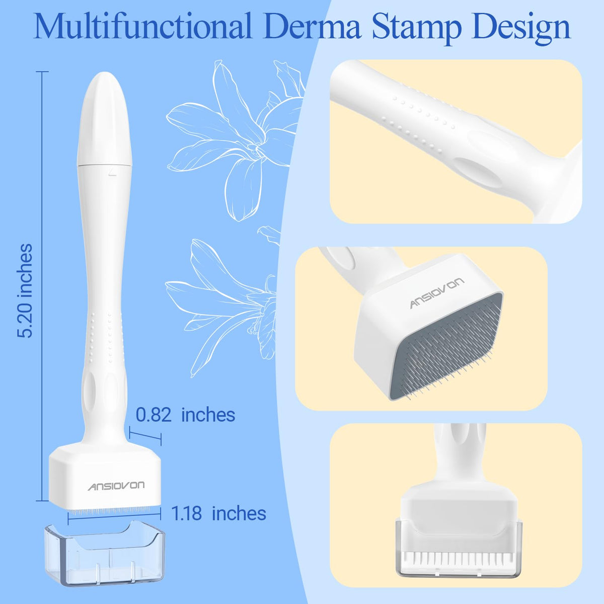 ANSIOVON Derma Stamp in hand to show scale and easy travel-friendly benefit
