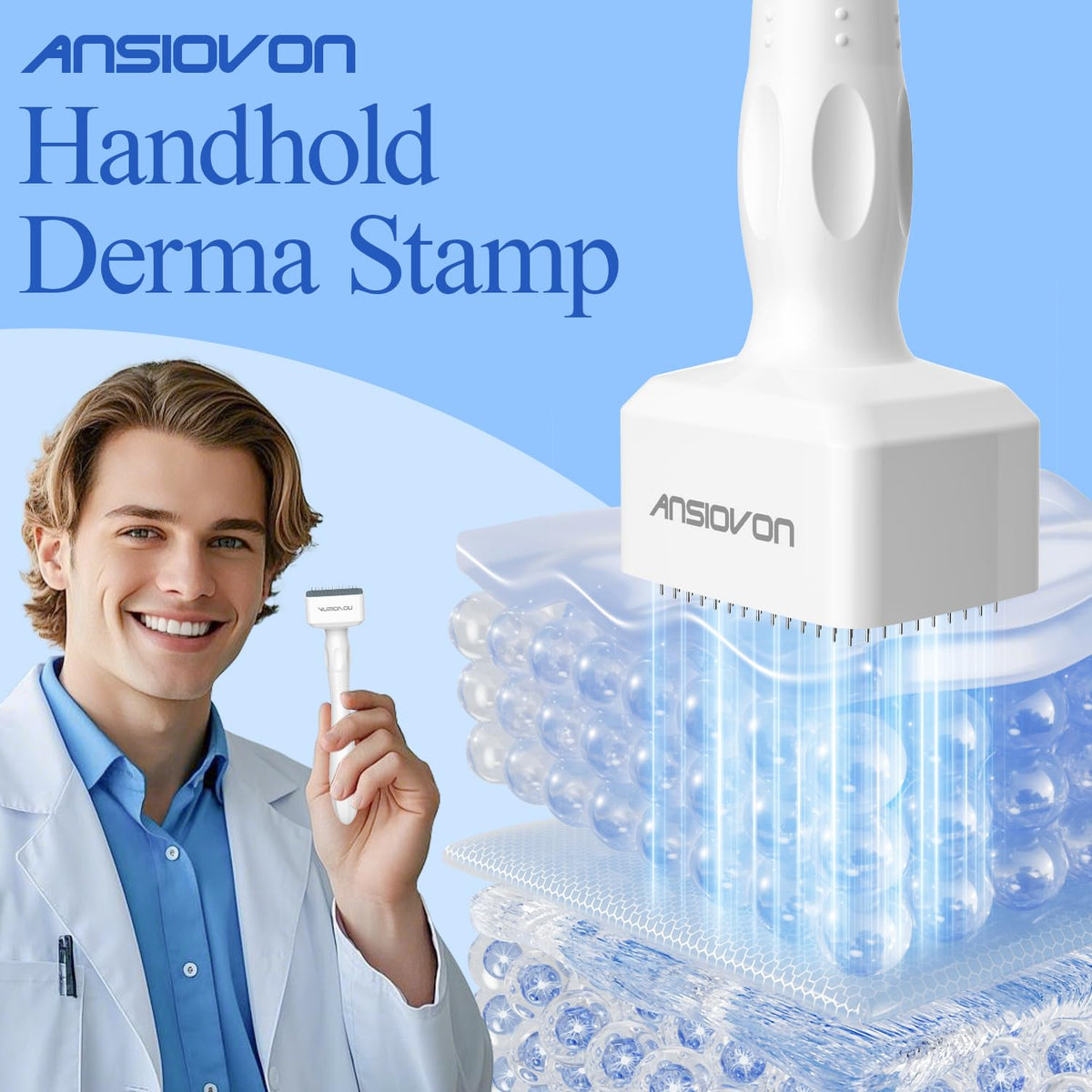 ANSIOVON Derma Stamp needle closeup highlighting 0.25mm microneedles for controlled precision