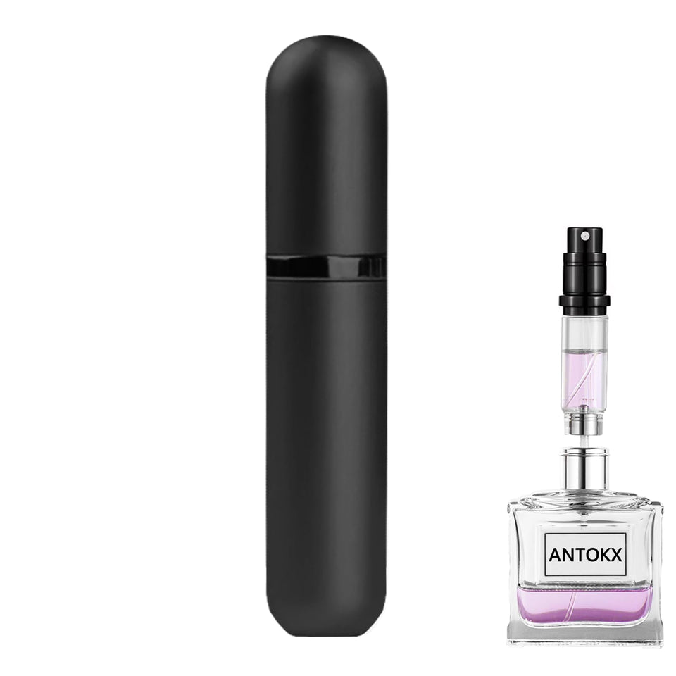 ANTOKX black atomizer front view showing sleek travel-ready design and protection