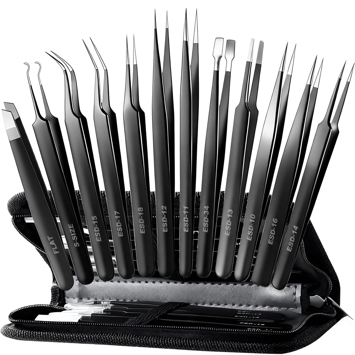 Antonki front packaging showing full 12-piece tweezer set and case for versatile use