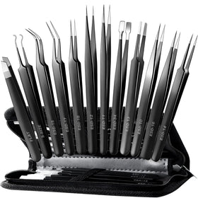 Antonki front packaging showing full 12-piece tweezer set and case for versatile use