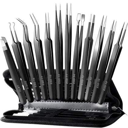 Antonki front packaging showing full 12-piece tweezer set and case for versatile use