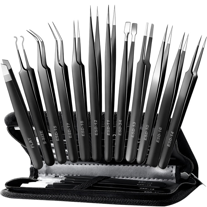 Antonki front packaging showing full 12-piece tweezer set and case for versatile use