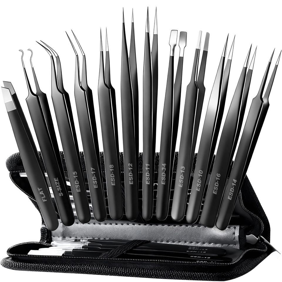 Antonki front packaging showing full 12-piece tweezer set and case for versatile use