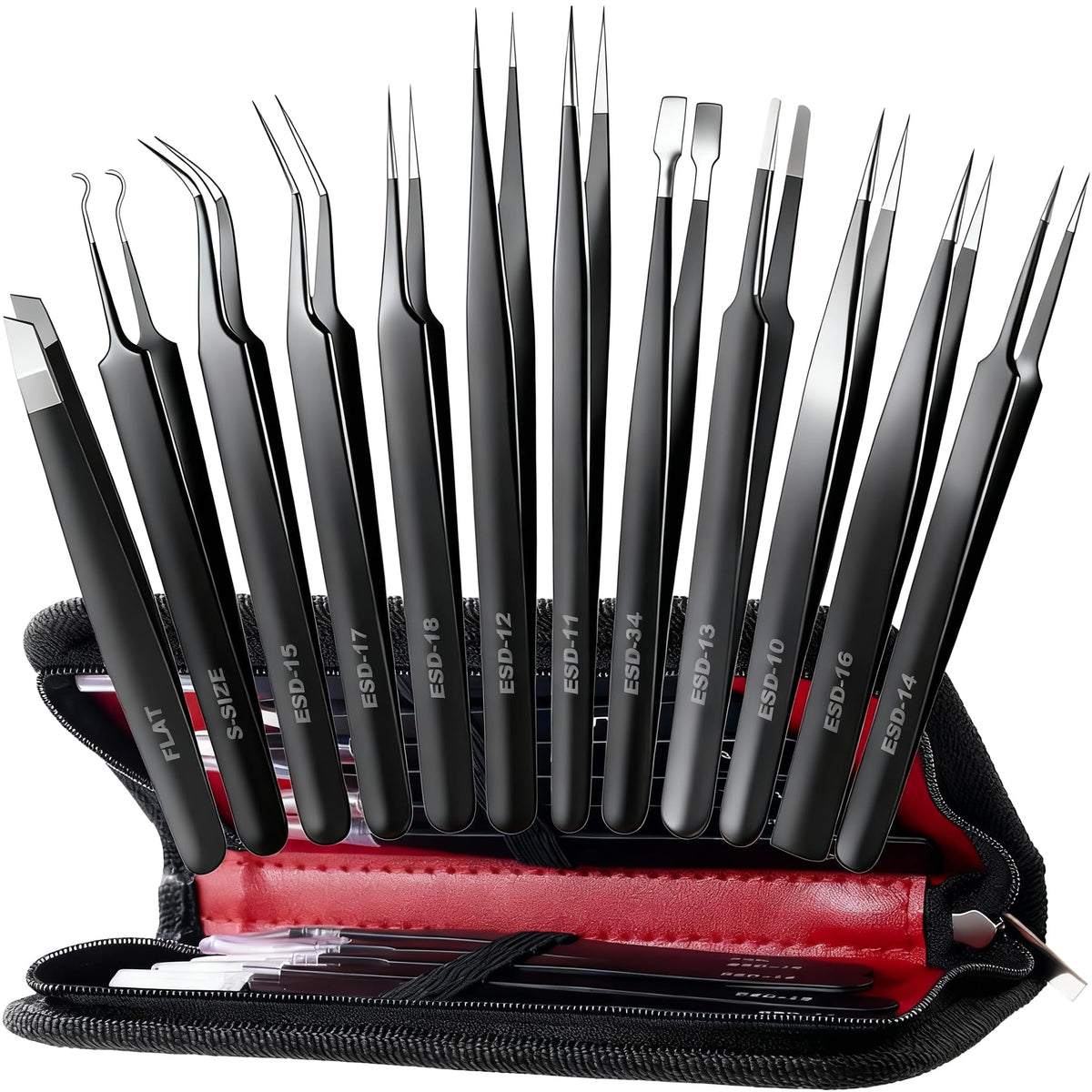 Antonki front layout of full 12-piece tweezer set showing neat arrangement and case benefit