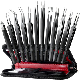 Antonki front layout of full 12-piece tweezer set showing neat arrangement and case benefit