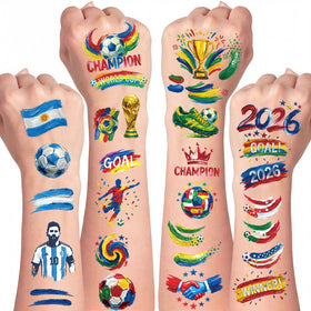 ANUWKS front packaging showing 10 sheets and 45 soccer tattoo designs, ideal for parties