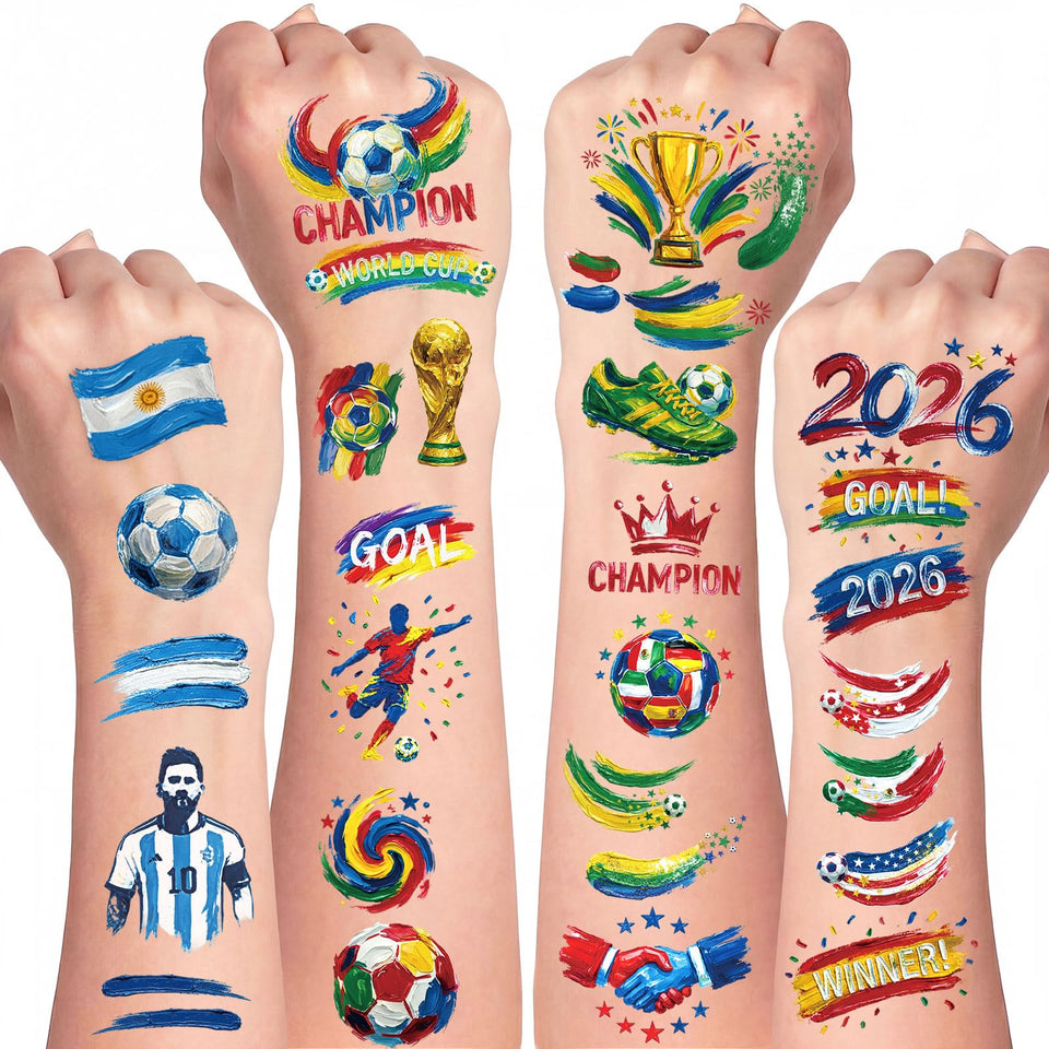 ANUWKS front packaging showing 10 sheets and 45 soccer tattoo designs, ideal for parties