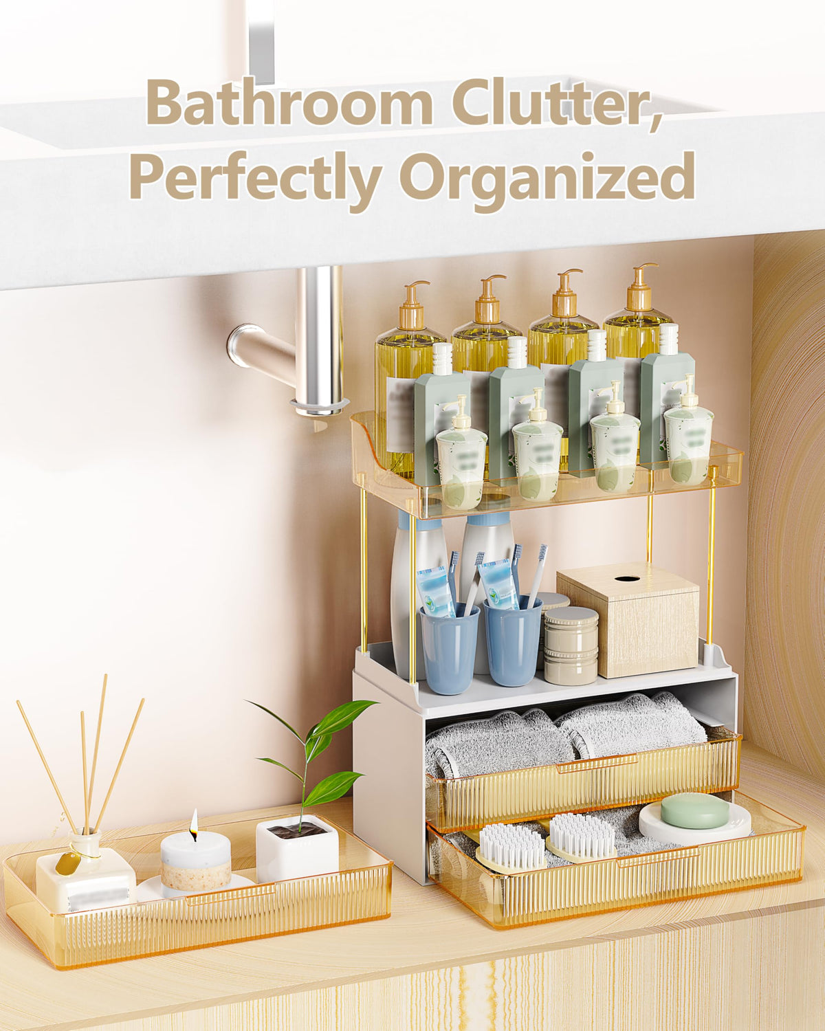 Anylady on a vanity with skincare and makeup showing streamlined morning routines