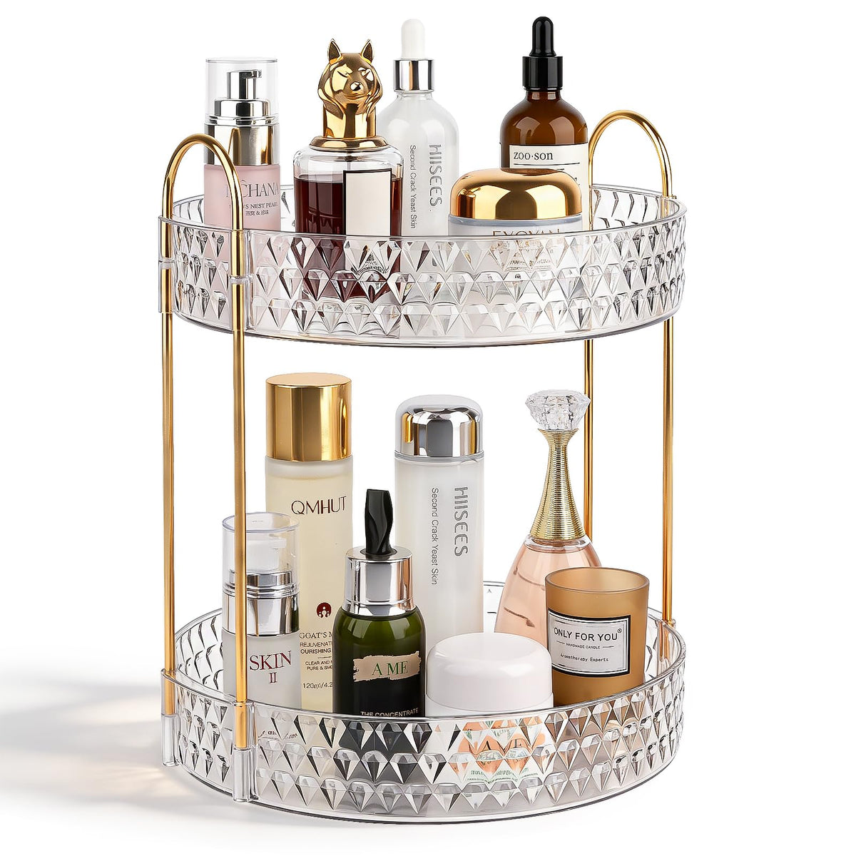 Anyoifax front view of clear two-tier spinner showing organized perfumes and skincare