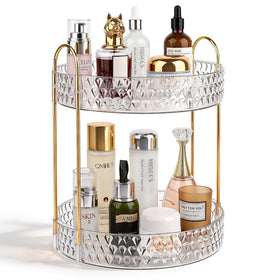 Anyoifax front view of clear two-tier spinner showing organized perfumes and skincare