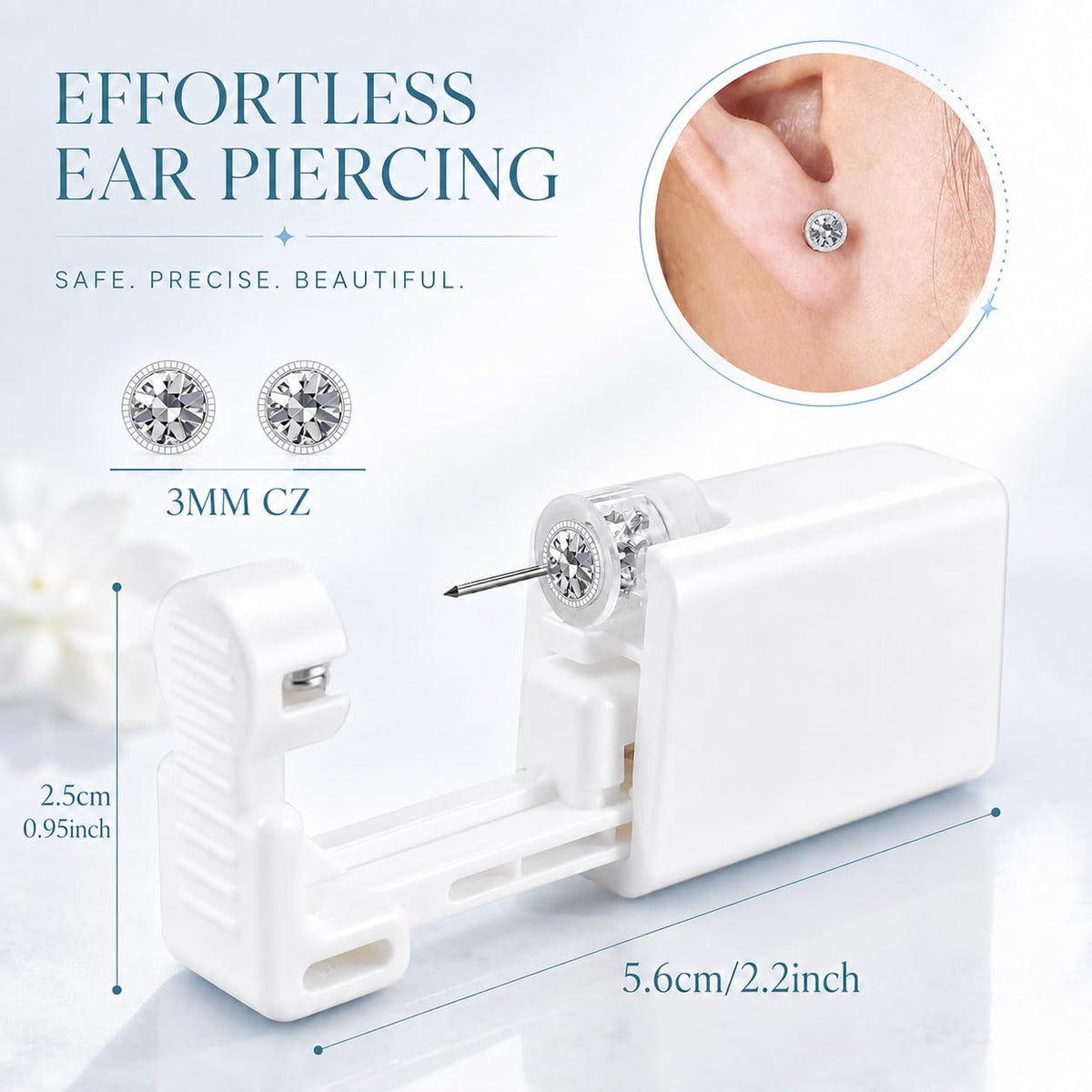 Anzero demonstration on earlobe showing positioning, quick piercing benefit