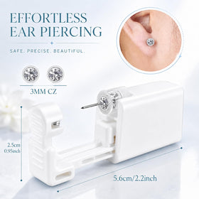 Anzero demonstration on earlobe showing positioning, quick piercing benefit