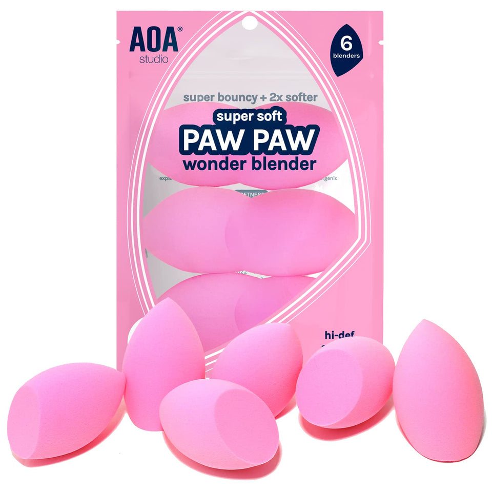 AOA STUDIO front packaging of six pink sponges showing set benefit