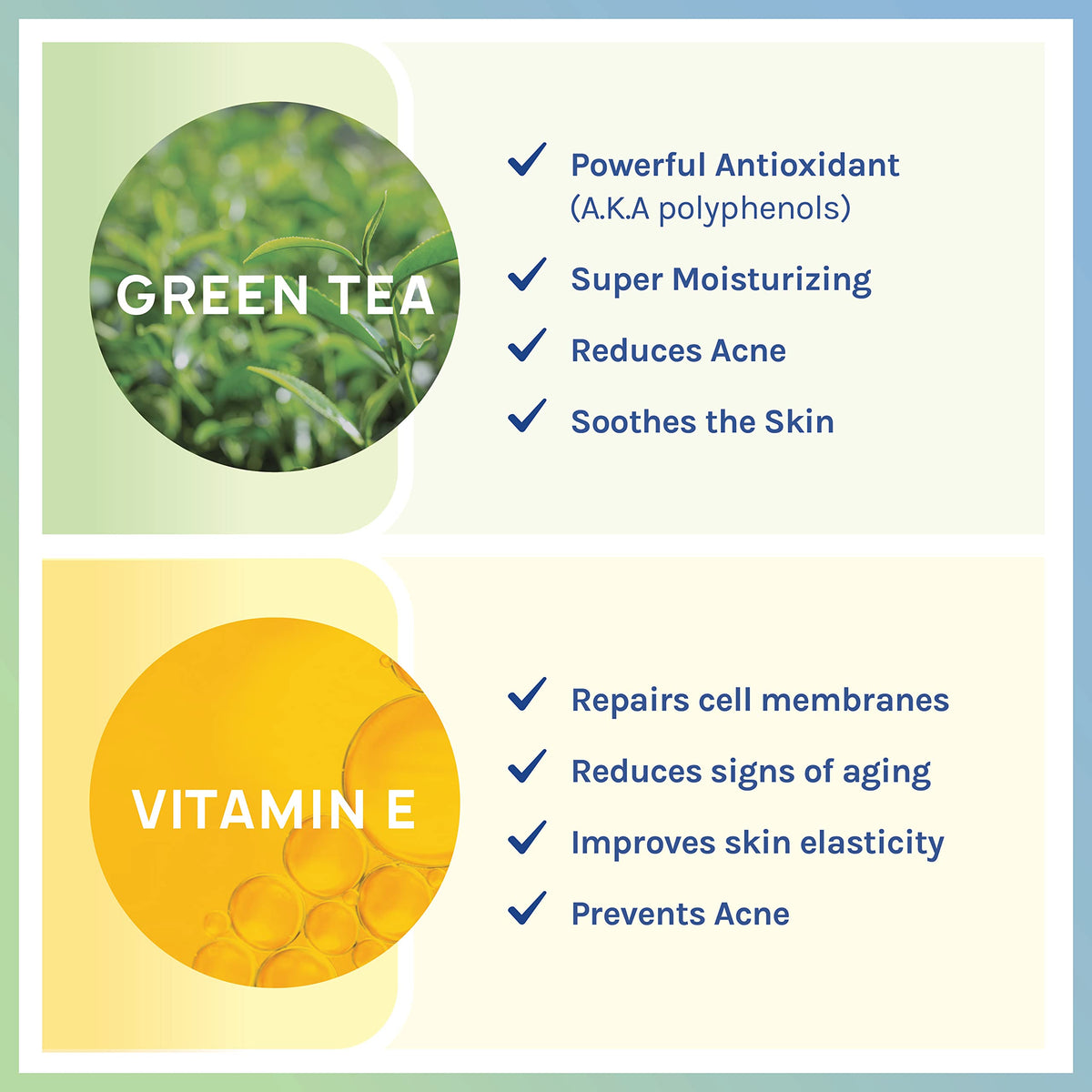 AOA STUDIO label close-up listing green tea and vitamin E benefits