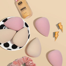 AOA STUDIO lifestyle vanity image showing sponges ready for everyday beauty routines