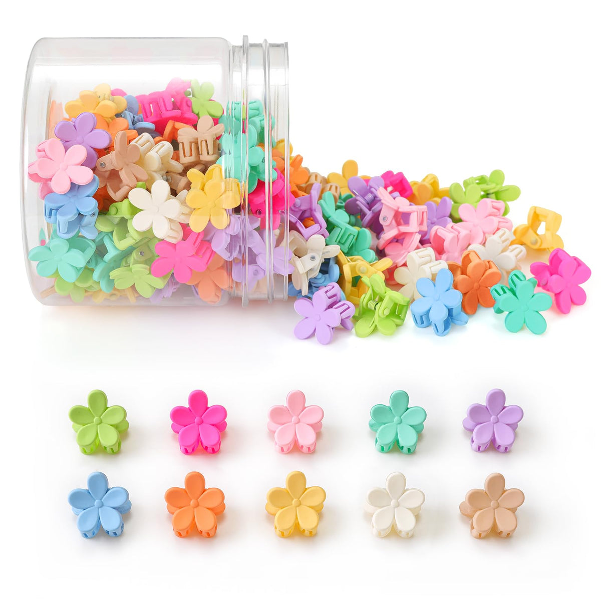 AOENJIE front packaging showing 100 colorful mini flower hair clips, ready to use