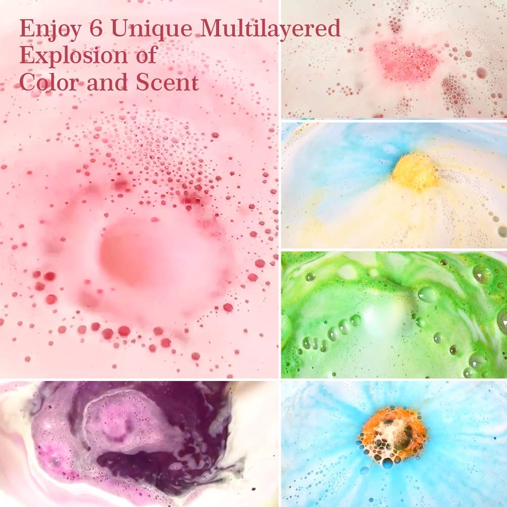 Aofmee bath bomb fizzing in a bathtub and releasing color benefit: relaxing at-home spa