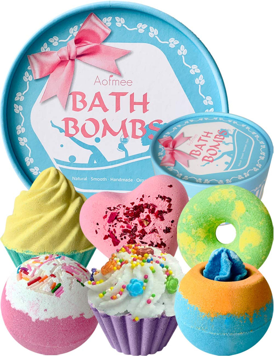 Aofmee front packaging showing six colorful bath bombs and gift box benefit: ready-to-gift