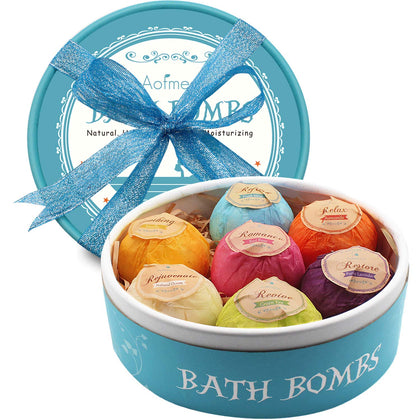 Aofmee front packaging showing seven wrapped bath bombs and gift-ready box