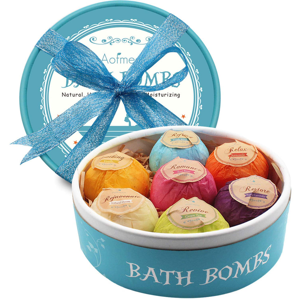 Aofmee front packaging showing seven wrapped bath bombs and gift-ready box