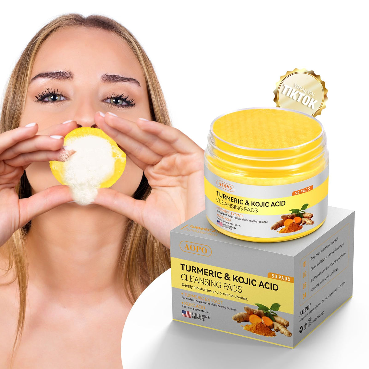 AOPO front packaging showing 50 pads and benefits