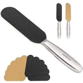 AOPOCKAN TECH front view of stainless steel foot file showing dual-sided pads and shape benefit durable control
