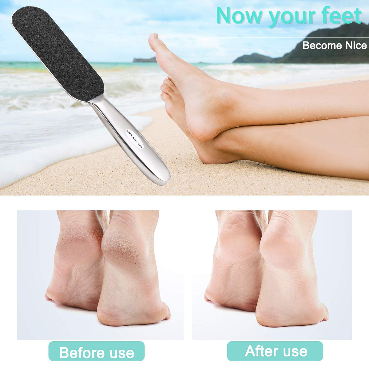 AOPOCKAN TECH foot file held in hand for size comparison showing portable convenience benefit