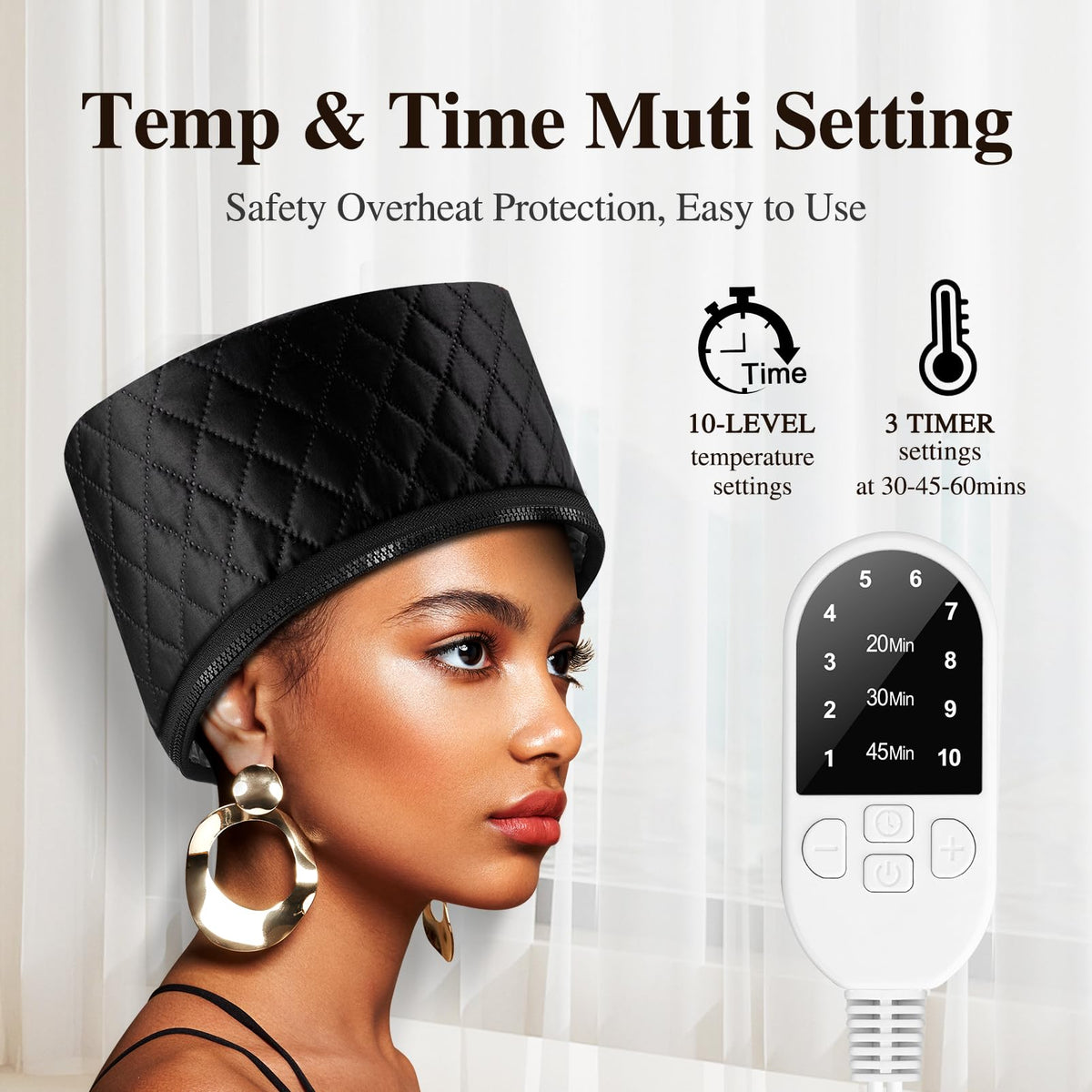aopow full cap worn on model with curly hair showing full coverage and moisture boost