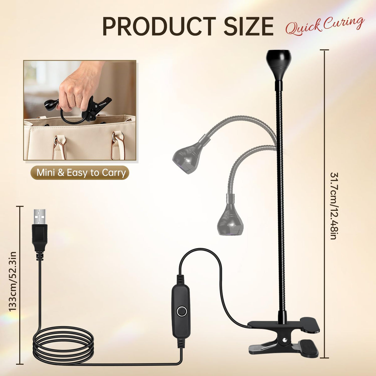 AORAEM lamp next to a hand to show compact size and scale