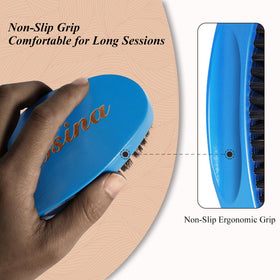 Aosina brush held in palm to show scale and hand-friendly design benefit