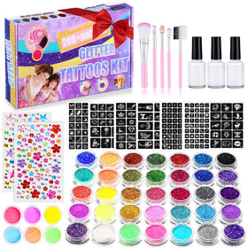 Aottom front packaging showing full glitter tattoo kit and included components