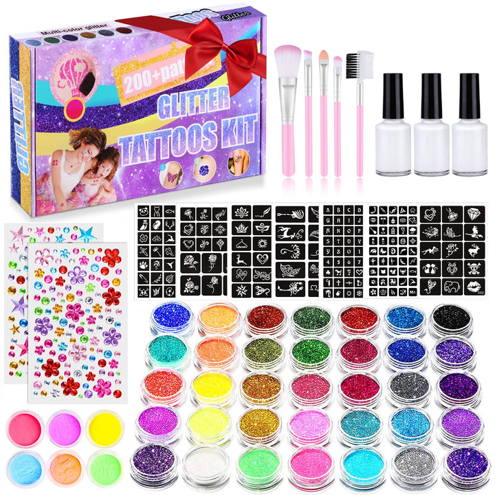 Aottom front packaging showing full glitter tattoo kit and included components