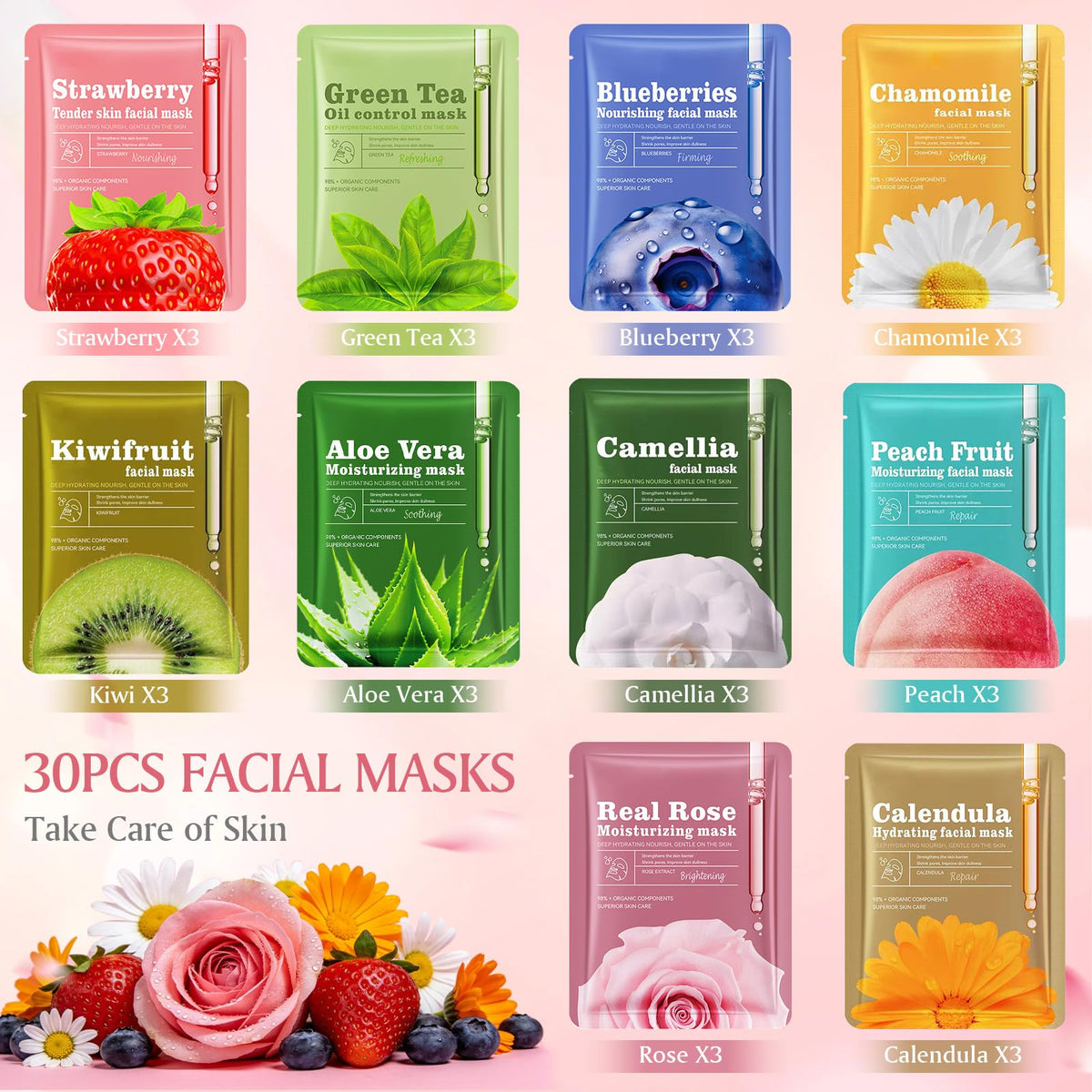 Aottom gift box layout of assorted masks, ideal for parties and gifting