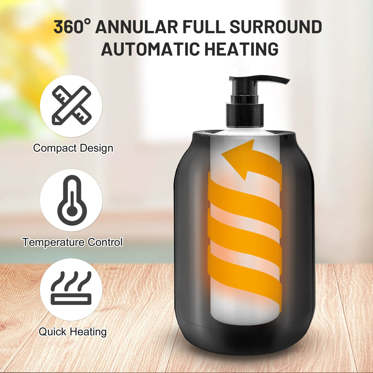 AOWOSA visual of 360-degree heating wrap illustrating even warming and reduced cold spots benefit