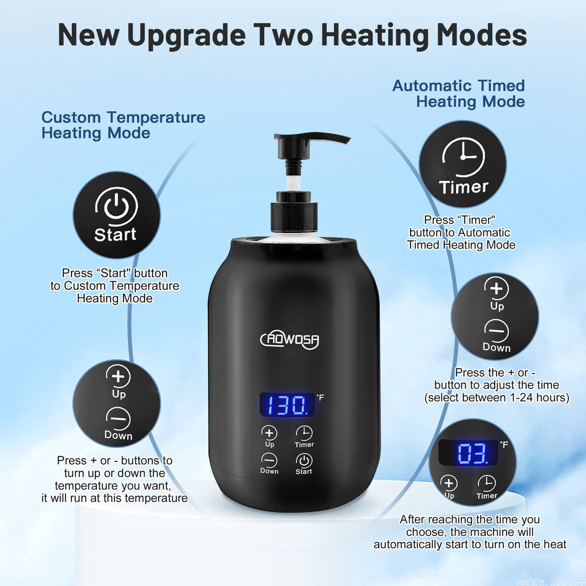 AOWOSA pouring warmed lotion in salon setting demonstrating comfortable application benefit