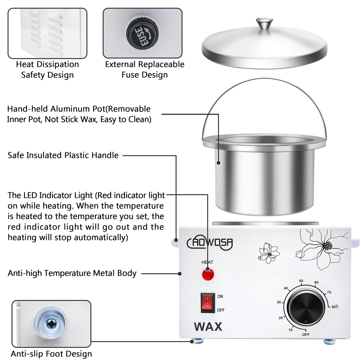 AOWOSA temperature knob and single-button control for simple, precise heat adjustment