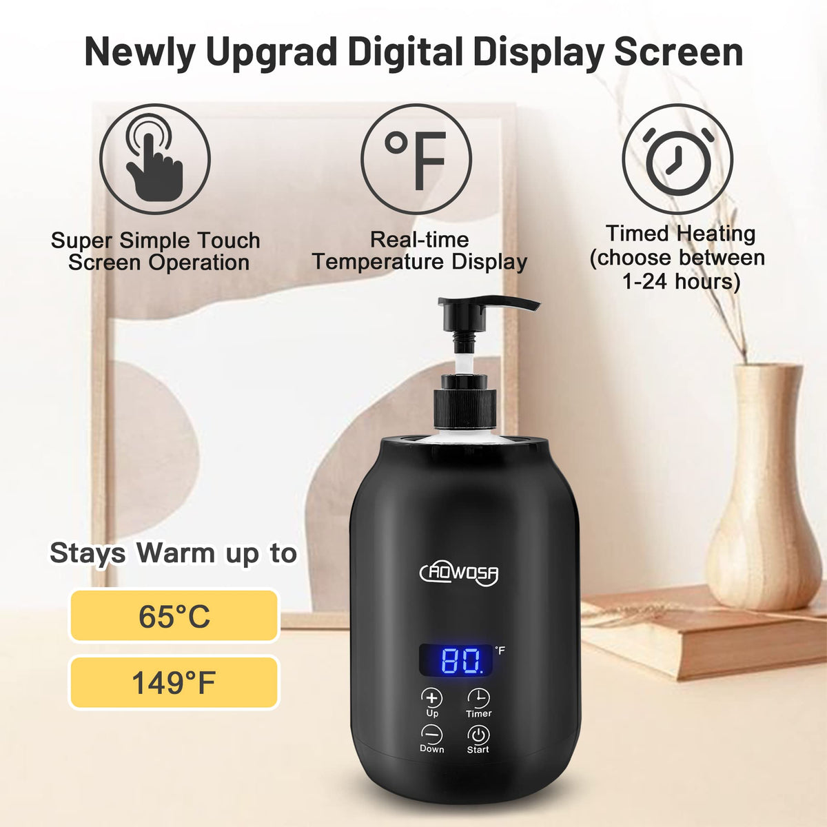 AOWOSA touch control panel detail showing temperature and timer settings for precise control benefit