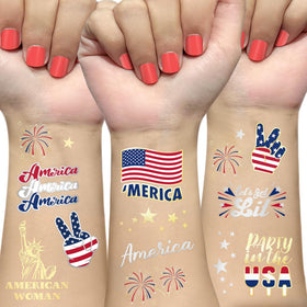 AOYOO front packaging showing both tattoo sheets and vibrant patriotic designs for easy party prep
