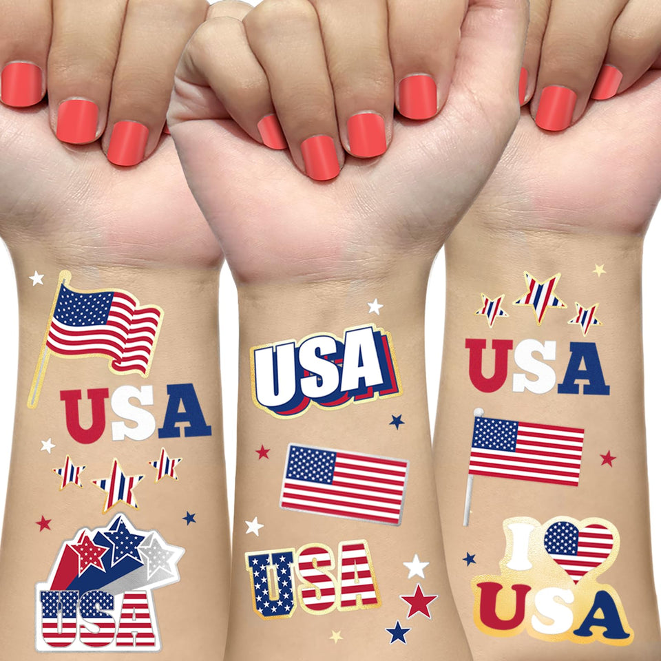 AOYOO front packaging showing patriotic tattoo sheets and benefits