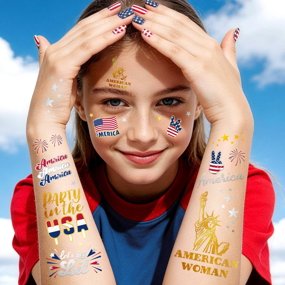 AOYOO close-up of tattoo designs highlighting variety and colorful flag and fireworks motifs