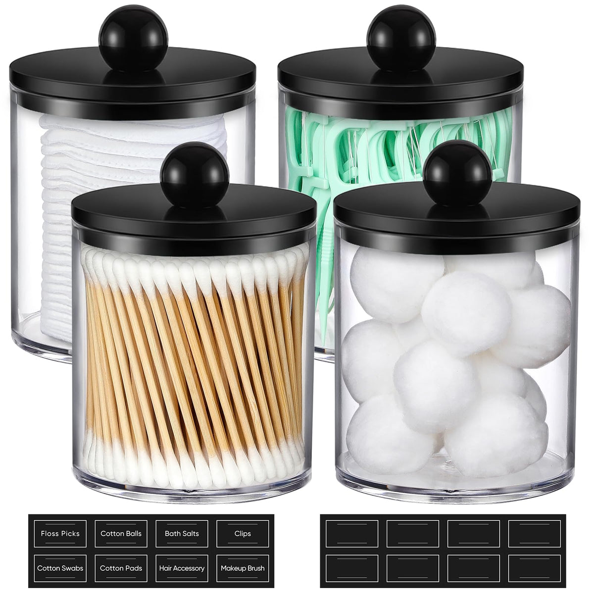 AOZITA clear and black canister set front view shows tidy bathroom storage benefit