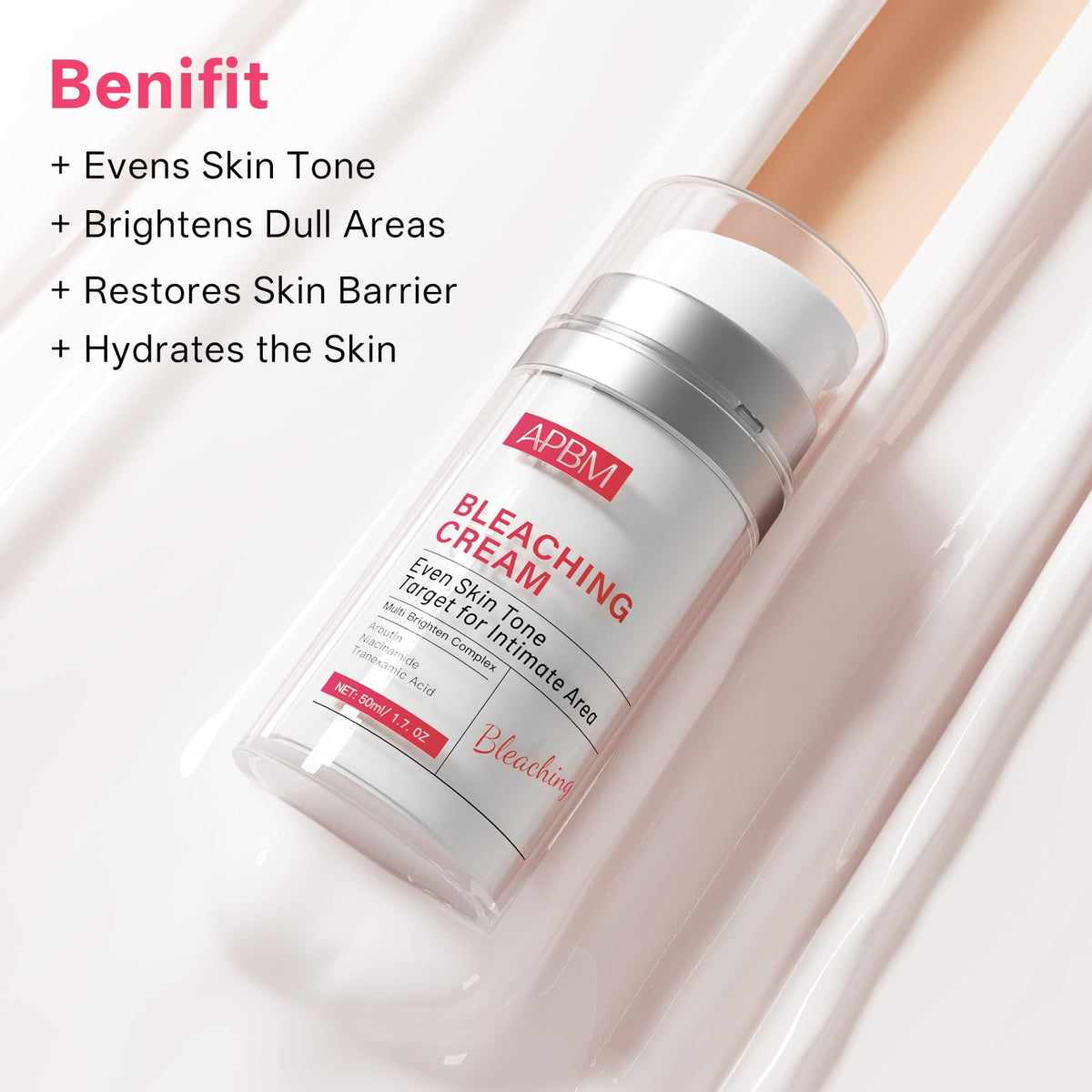 APBM label close-up listing niacinamide arbutin tranexamic acid