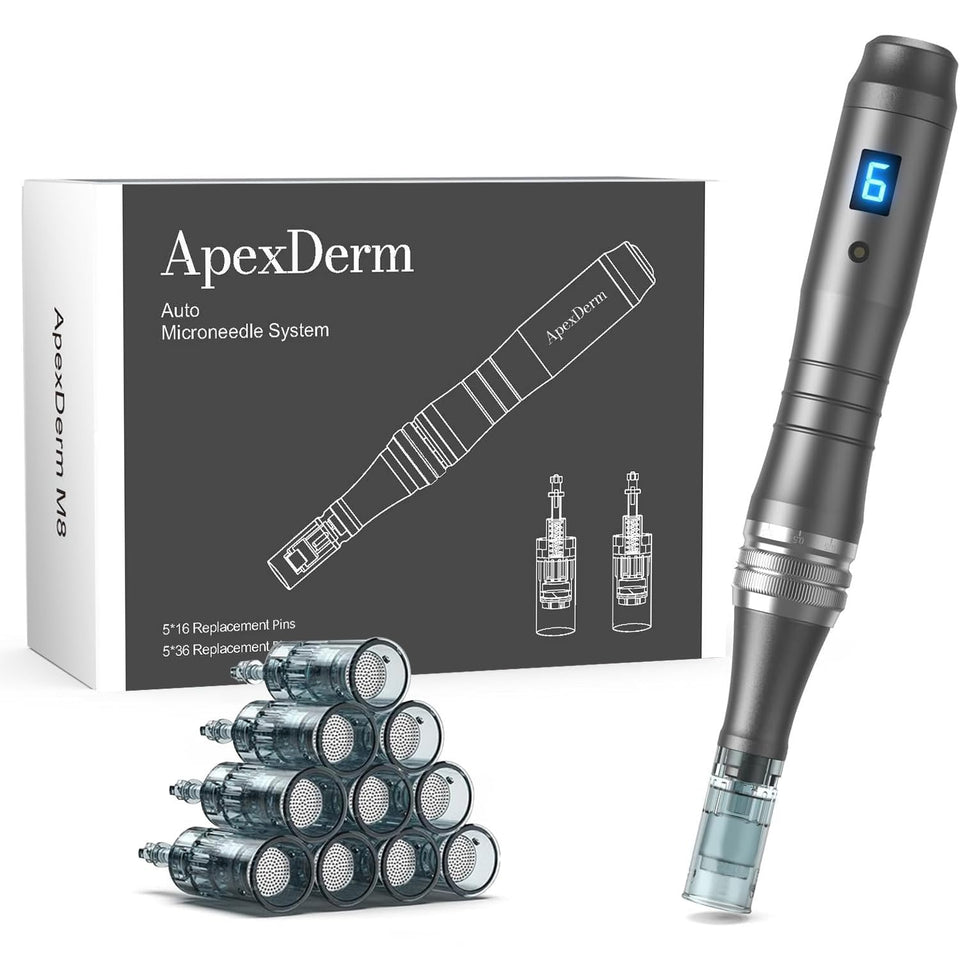 ApexDerm front view of microneedle roller pen showing compact design and portability