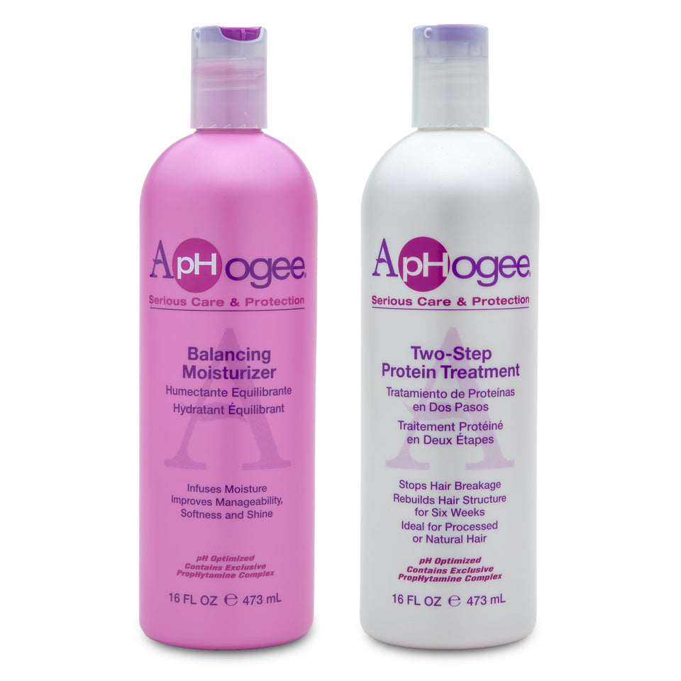 Aphogee front packaging showing both 16 fl oz protein and moisturizer bottles for salon results