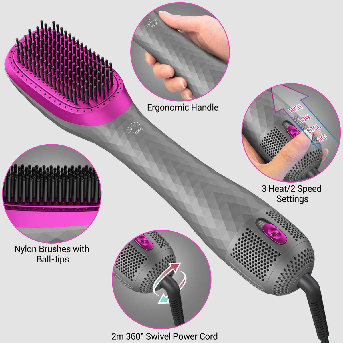 APOKE bristles and vent detail highlighting ionic vents that reduce frizz and add shine