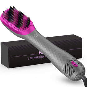 APOKE front view of gray 3-in-1 hair dryer brush showing styling shape and controls for quick styling