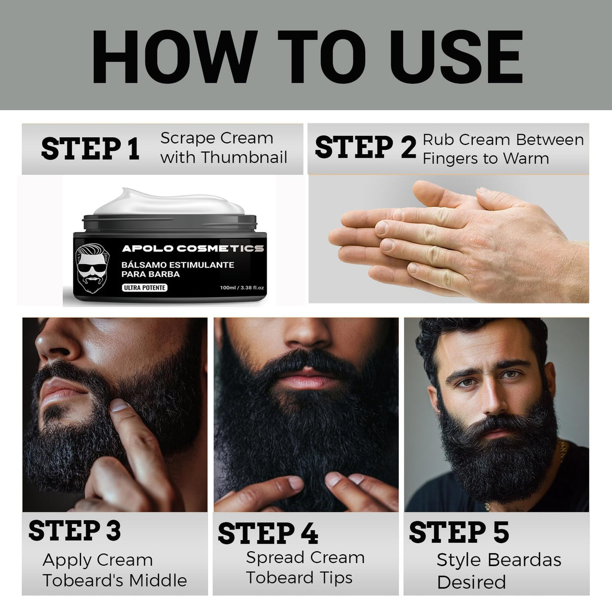 apolo cosmetics black-colored balm worked into beard demonstrating softening benefit
