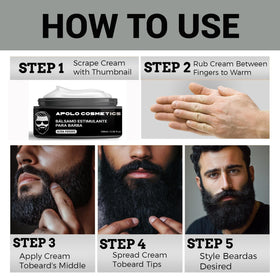 apolo cosmetics black-colored balm worked into beard demonstrating softening benefit