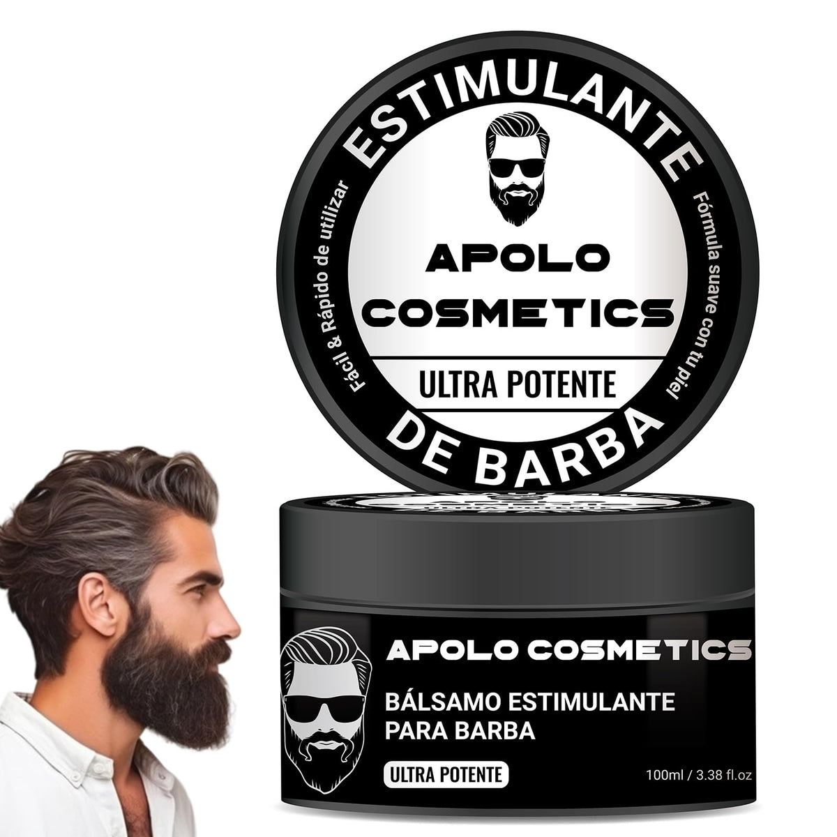 apolo cosmetics jar front view showing sleek packaging and grooming benefit